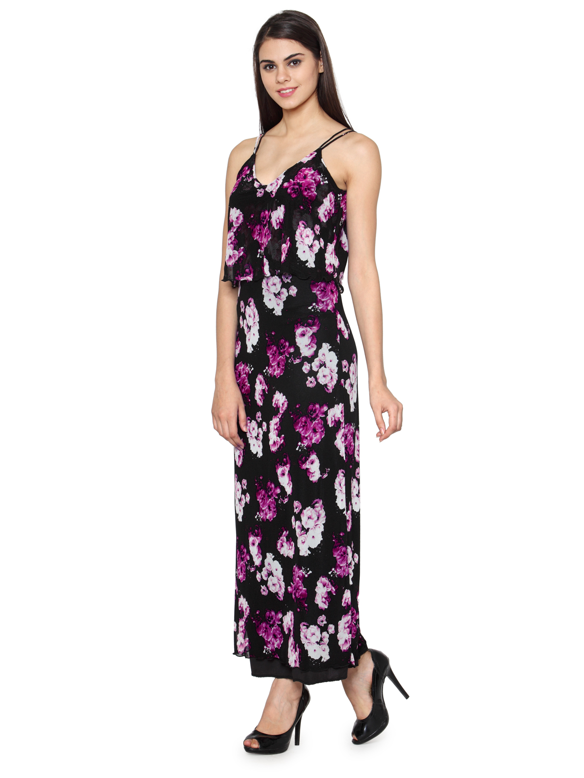 Keep it Classy Black and Violet printed maxi dress